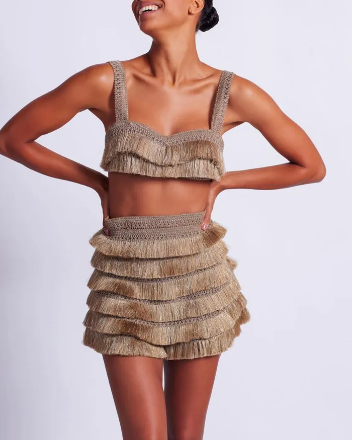 Women Matching Sets PatBO Metallic Fringe Shorts Gold