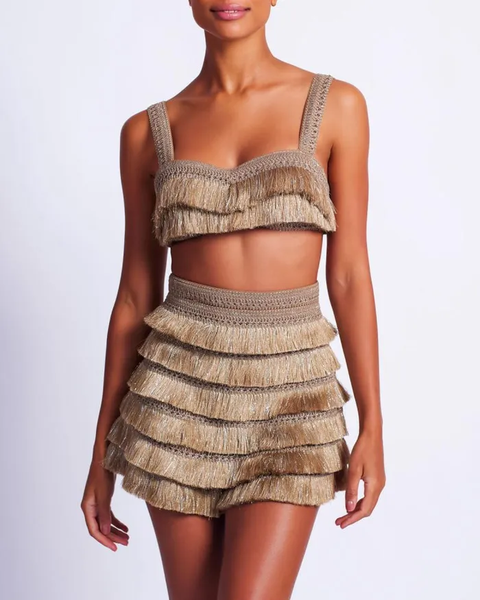 Women Matching Sets PatBO Metallic Fringe Shorts Gold