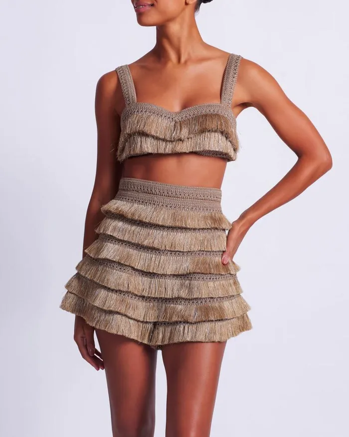 Women Matching Sets PatBO Metallic Fringe Shorts Gold