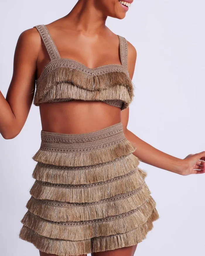 Women Matching Sets PatBO Metallic Fringe Shorts Gold