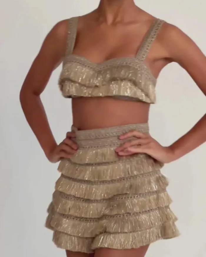 Women Matching Sets PatBO Metallic Fringe Shorts Gold