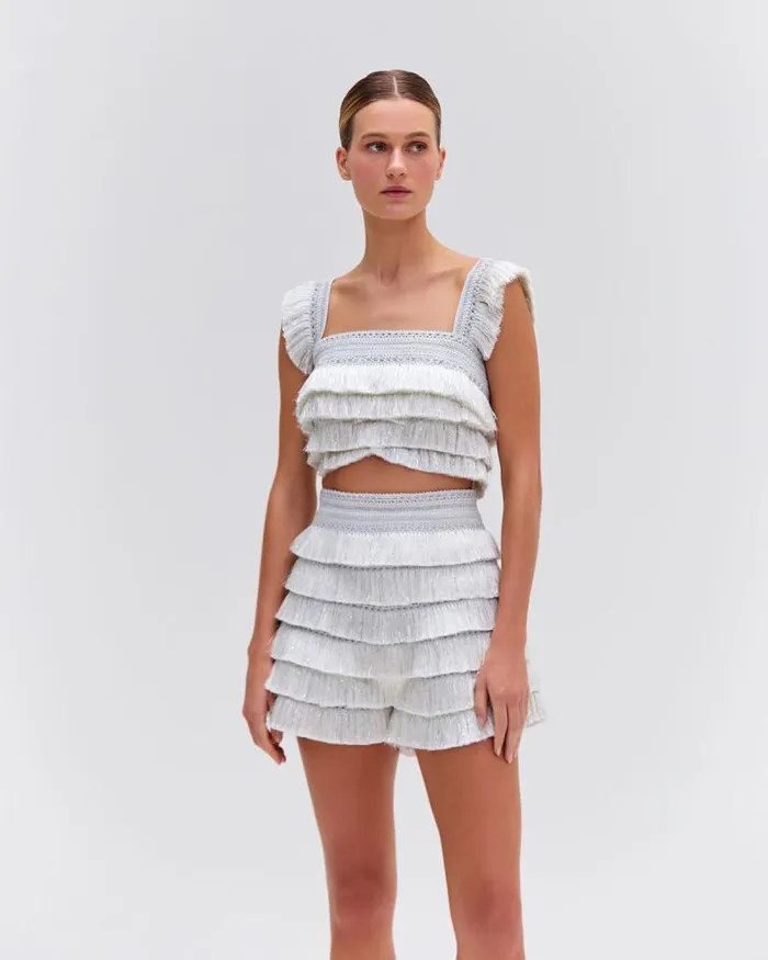 Women Matching Sets PatBO Metallic Fringe Shorts Silver