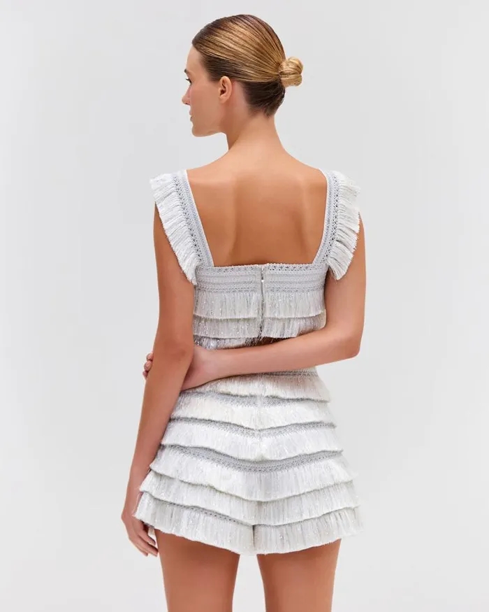 Women Matching Sets PatBO Metallic Fringe Shorts Silver