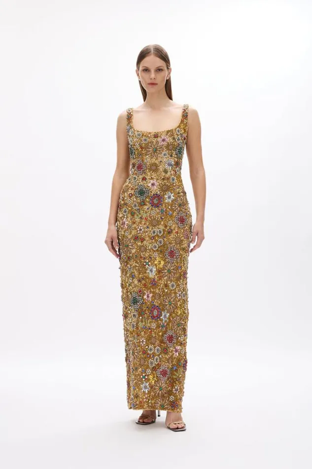 Women Maxi Dresses Rachel Gilbert Francesca Strap Star Gown Gold