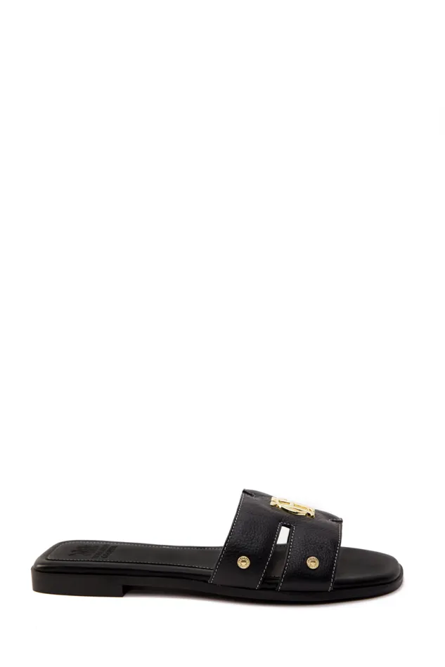 Women Monogram Slides Black Leather Holland Cooper Sandals and Slides