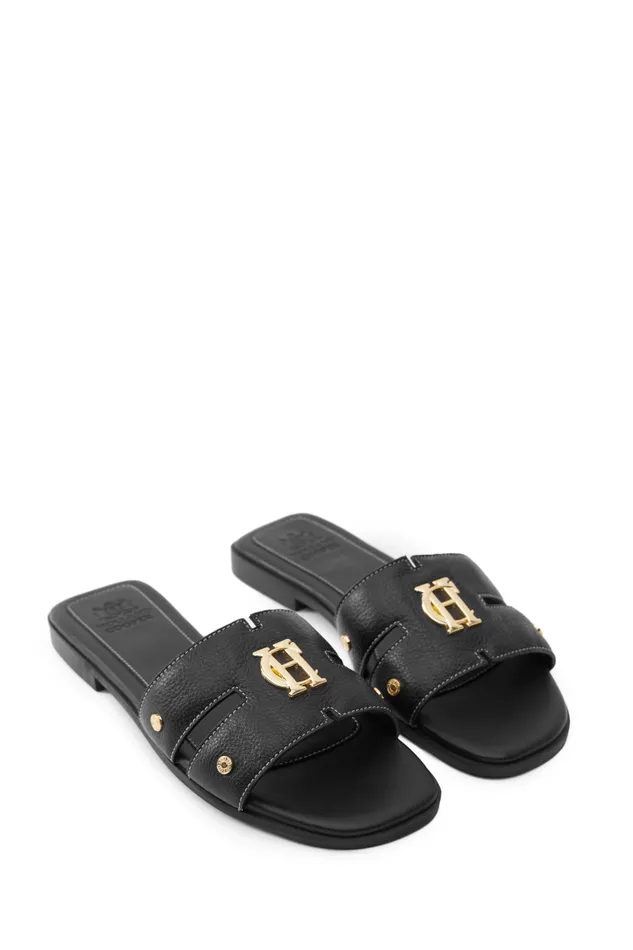 Women Monogram Slides Black Leather Holland Cooper Sandals and Slides Women Monogram Slides Black Leather Holland Cooper Sandals and Slides