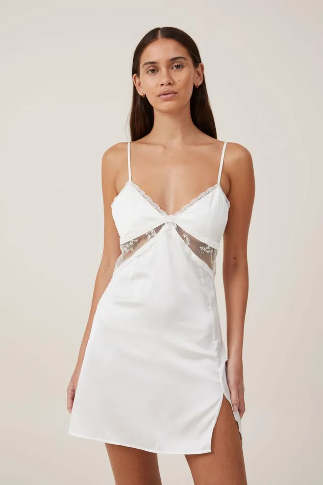 Women Nighties Cotton On Embroidered Mesh Satin Slip Coconut Milk