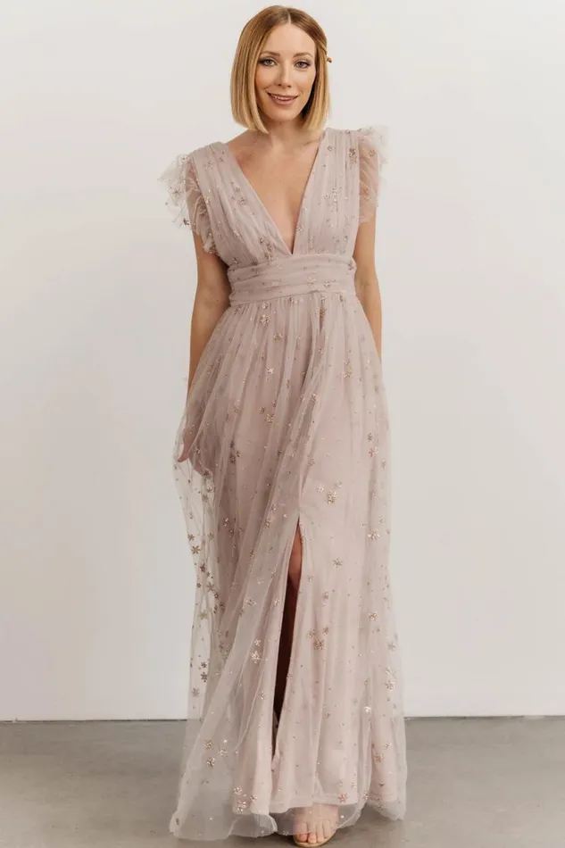 Women Nova Shimmer Maxi Dress Dusty Lilac Baltic Born Embellished and Sequined