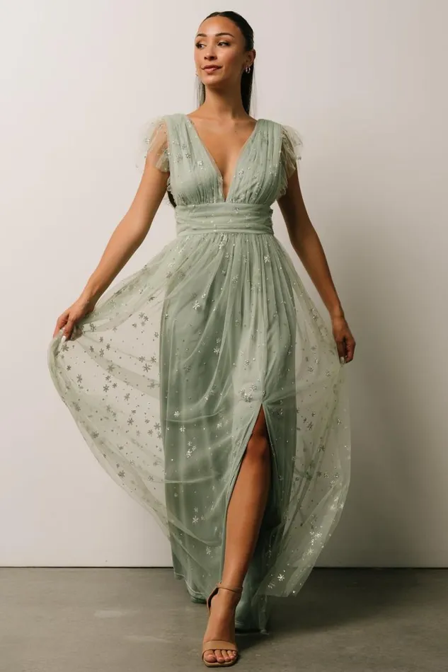 Women Nova Shimmer Maxi Dress Sage Silver Baltic Born Embellished and Sequined