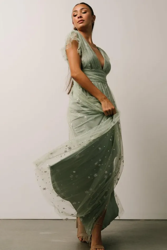 Women Nova Shimmer Maxi Dress Sage Silver Baltic Born Embellished and Sequined Women Nova Shimmer Maxi Dress Sage Silver Baltic Born Embellished and Sequined