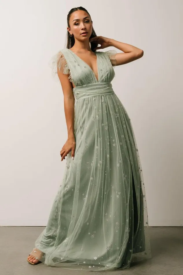 Women Nova Shimmer Maxi Dress Sage Silver Baltic Born Embellished and Sequined Women Nova Shimmer Maxi Dress Sage Silver Baltic Born Embellished and Sequined