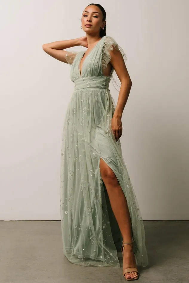Women Nova Shimmer Maxi Dress Sage Silver Baltic Born Embellished and Sequined Women Nova Shimmer Maxi Dress Sage Silver Baltic Born Embellished and Sequined