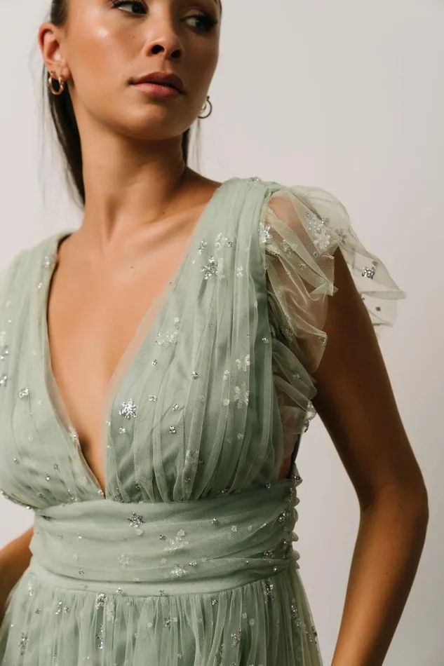 Women Nova Shimmer Maxi Dress Sage Silver Baltic Born Embellished and Sequined Women Nova Shimmer Maxi Dress Sage Silver Baltic Born Embellished and Sequined