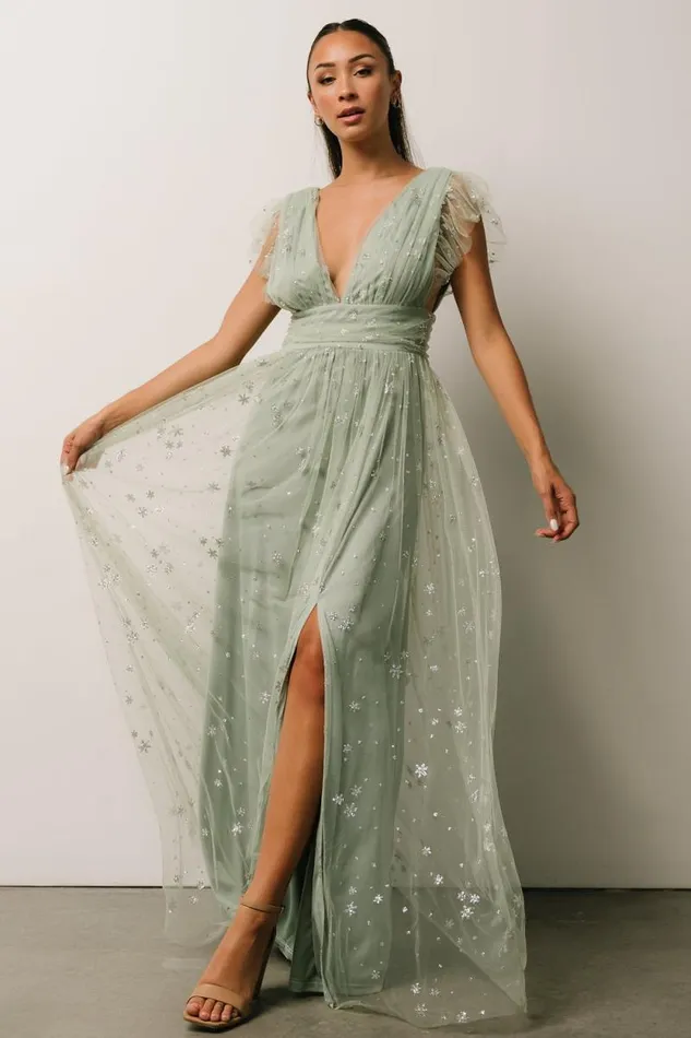 Women Nova Shimmer Maxi Dress Sage Silver Baltic Born Embellished and Sequined Women Nova Shimmer Maxi Dress Sage Silver Baltic Born Embellished and Sequined