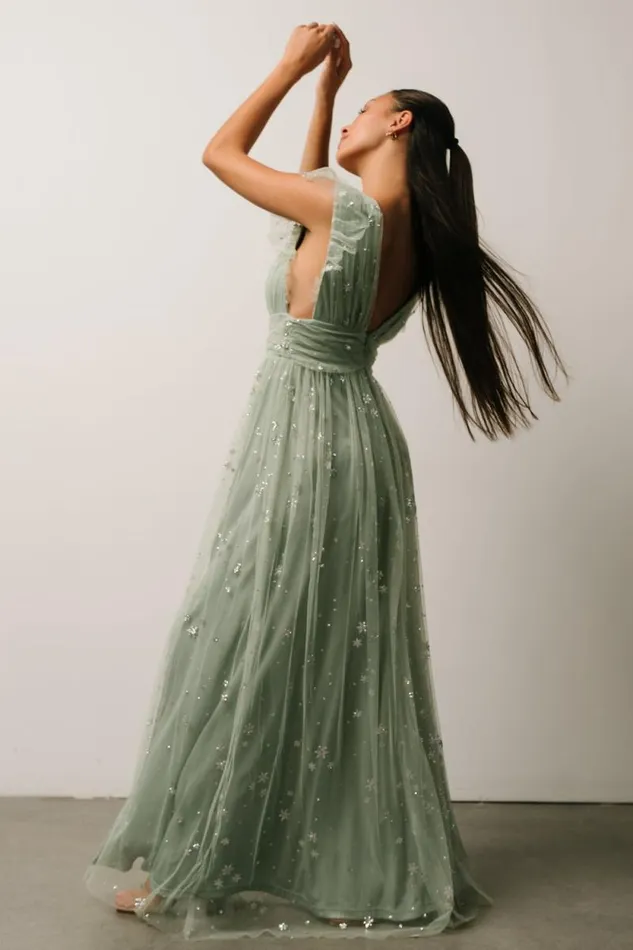 Women Nova Shimmer Maxi Dress Sage Silver Baltic Born Embellished and Sequined Women Nova Shimmer Maxi Dress Sage Silver Baltic Born Embellished and Sequined
