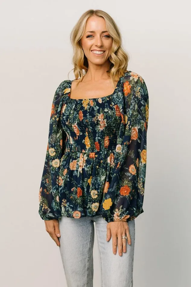 Women Ollie Smocked Top Navy Multi Baltic Born Blouses and Shirts