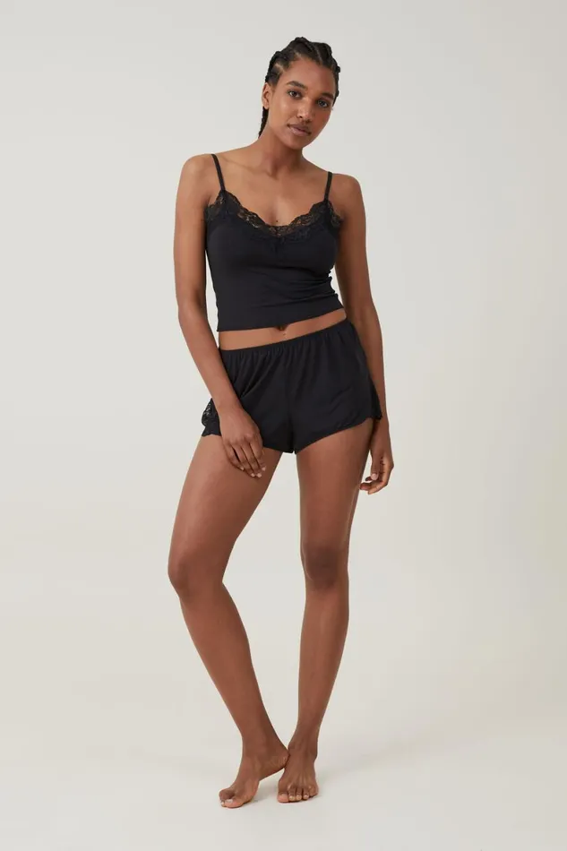 Women Pajamas Cotton On Soft Lounge Lace Trim Short Black