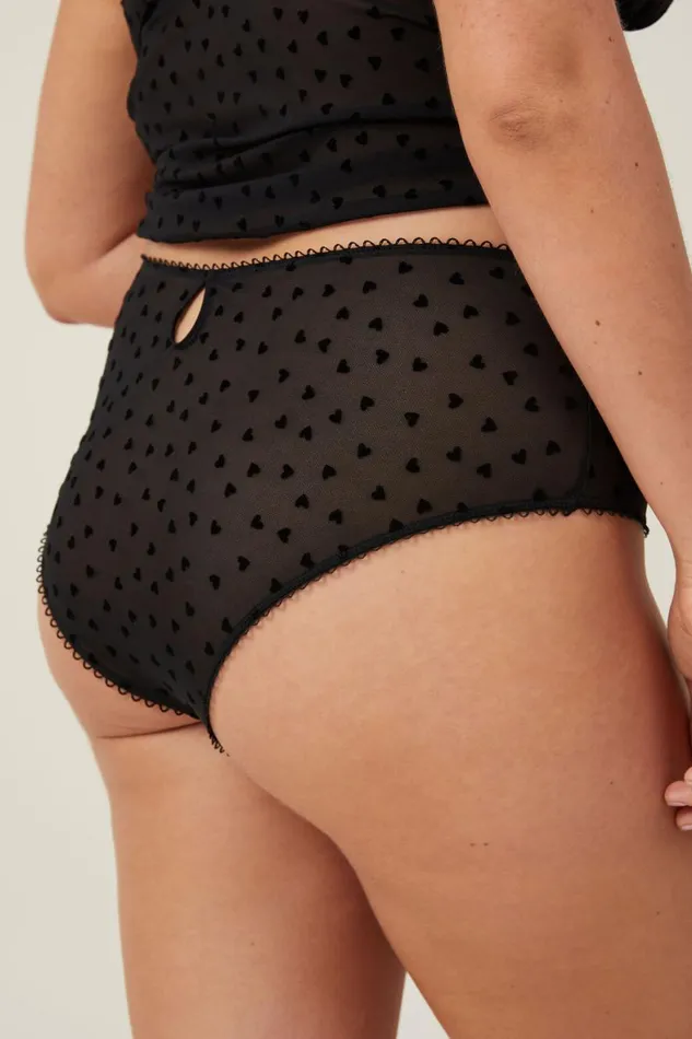 Women Panties Cotton On Sasha Flocking Mesh High Waist Bikini Brief Black