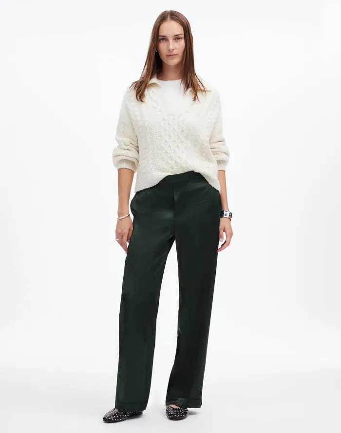 Women Pants Madewell PullOn Straight Pants In Stretch Satin Luxury Forest