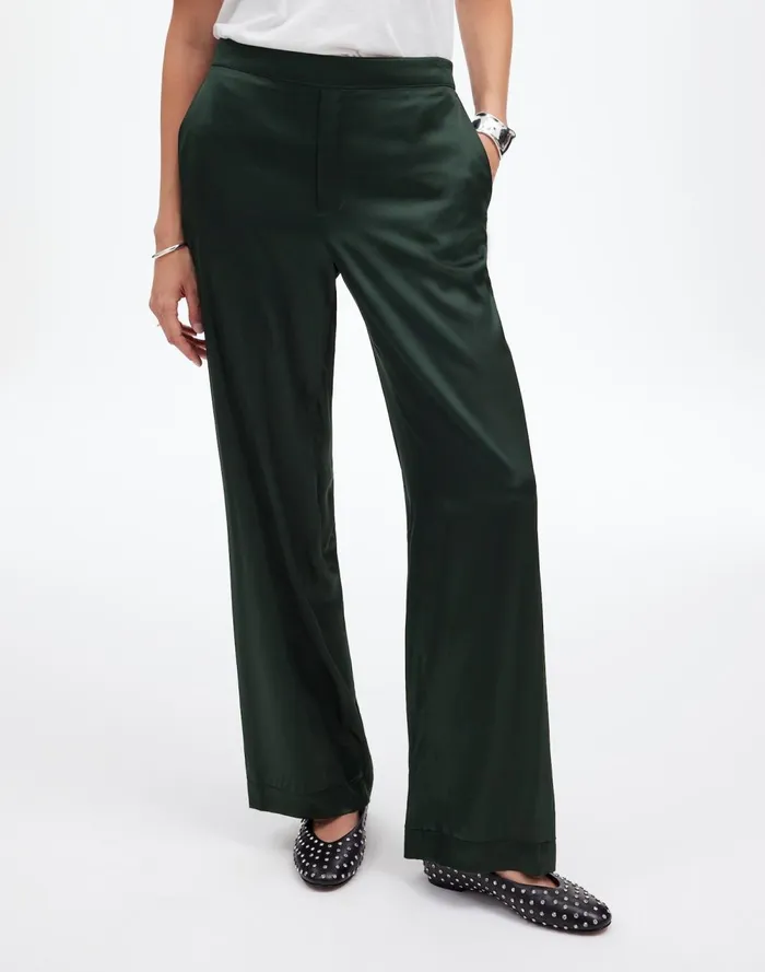 Women Pants Madewell PullOn Straight Pants In Stretch Satin Luxury Forest