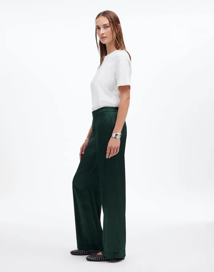 Women Pants Madewell PullOn Straight Pants In Stretch Satin Luxury Forest