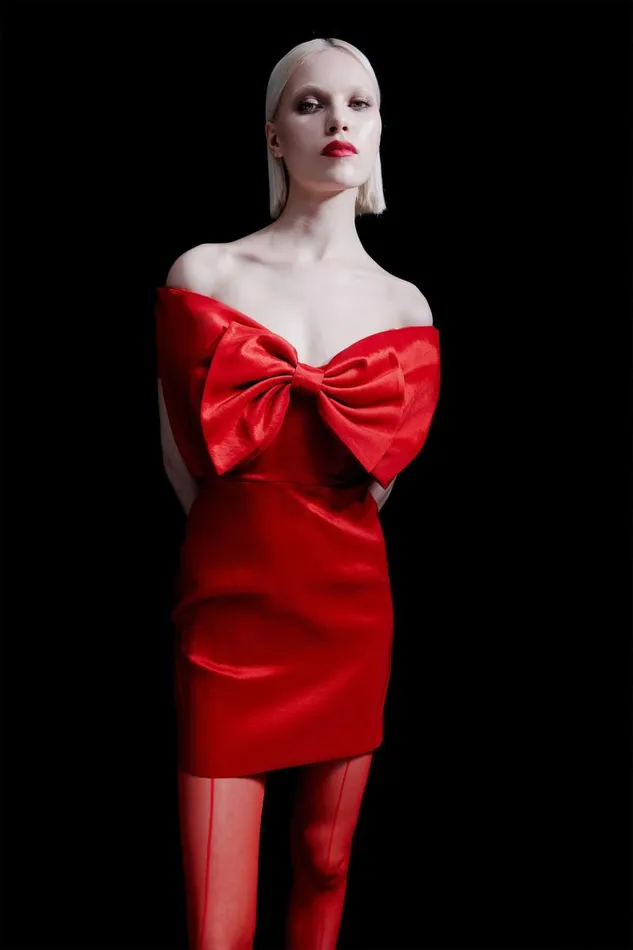 Women Party Dresses Bardot Mini Bow Dress In Fire Red Fire Red