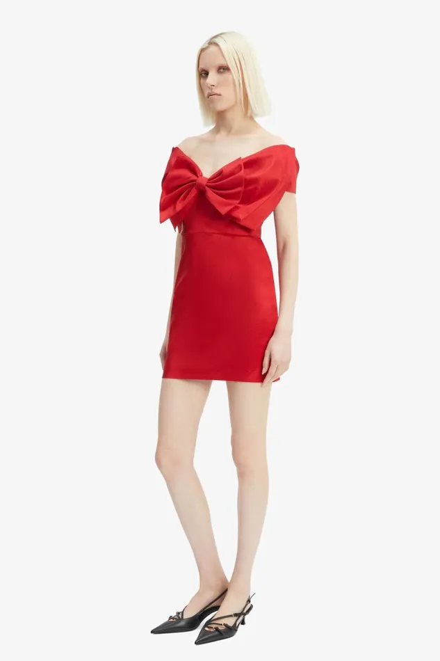 Women Party Dresses Bardot Mini Bow Dress In Fire Red Fire Red Women Party Dresses Bardot Mini Bow Dress In Fire Red Fire Red