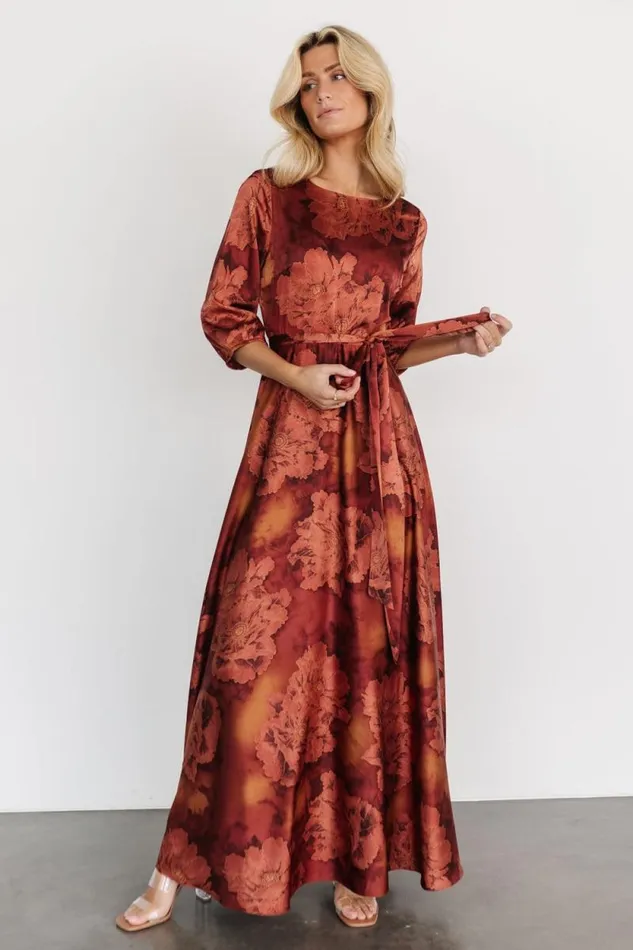 Women Paula Satin Maxi Dress Terracotta Floral Baltic Born Maxi Dresses