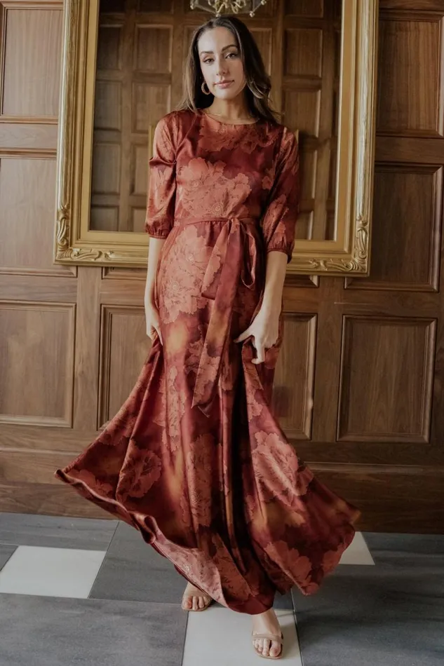 Women Paula Satin Maxi Dress Terracotta Floral Baltic Born Maxi Dresses