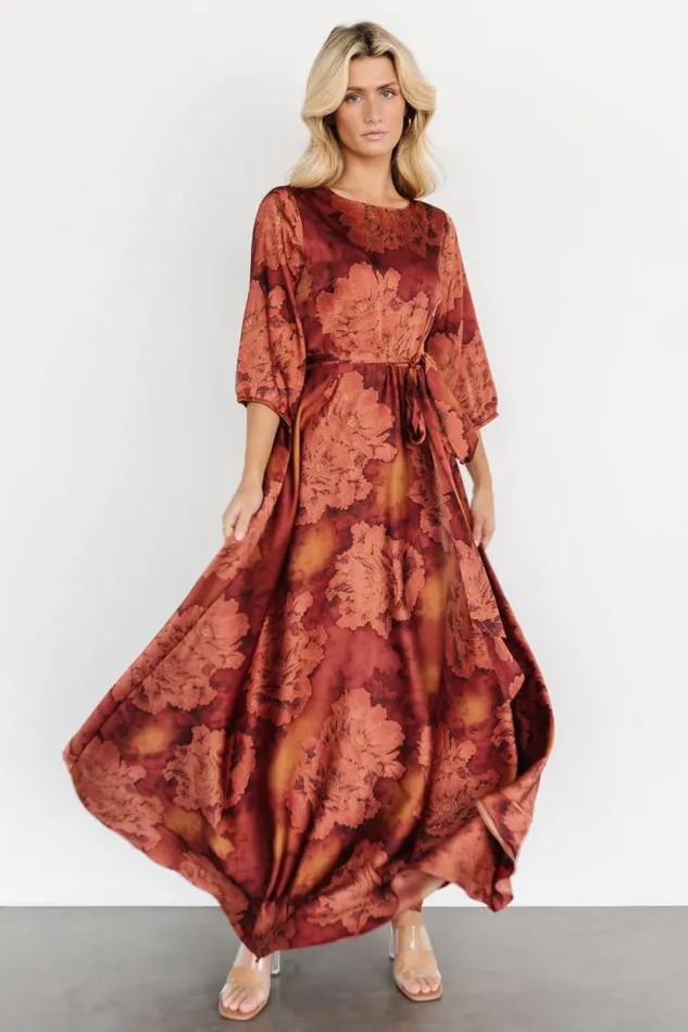 Women Paula Satin Maxi Dress Terracotta Floral Baltic Born Maxi Dresses
