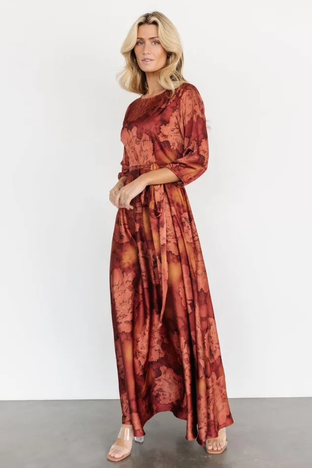 Women Paula Satin Maxi Dress Terracotta Floral Baltic Born Maxi Dresses