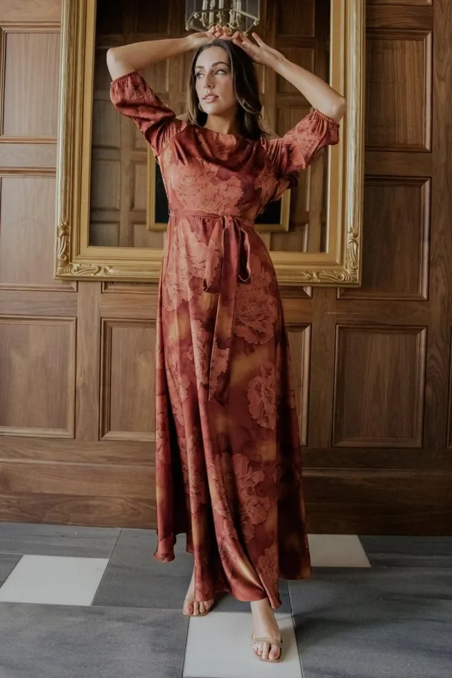 Women Paula Satin Maxi Dress Terracotta Floral Baltic Born Maxi Dresses