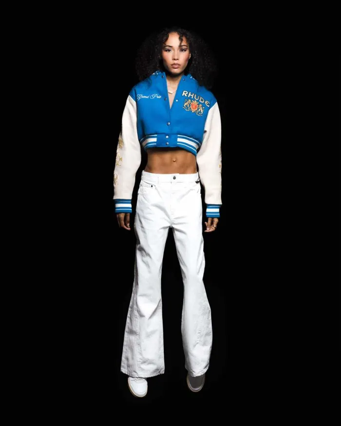 Women Rhude Tops F1 CROPPED VARSITY JACKET Bluewhite