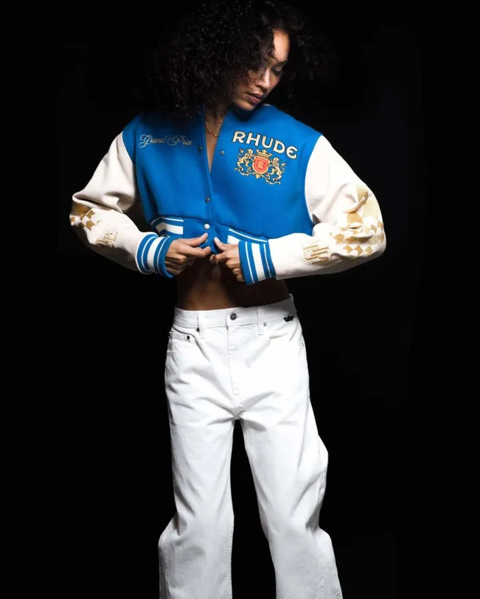 Women Rhude Tops F1 CROPPED VARSITY JACKET Bluewhite