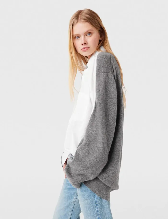 Women Shirting Details Long Sleeve Sweater Storm Grey Stella McCartney Knitwear Women Shirting Details Long Sleeve Sweater Storm Grey Stella McCartney Knitwear