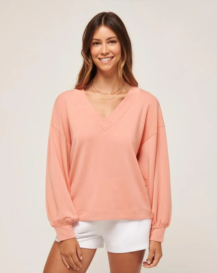 Women Shirts and Tops TravisMathew CLOUD TERRY VNECK TOP Heather Canyon Sunset