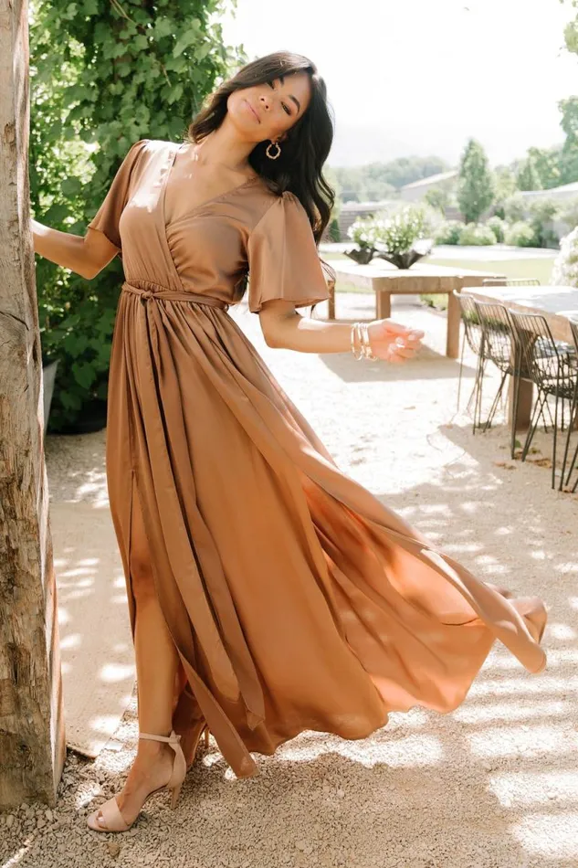 Women Sicily Satin Maxi Dress Mocha Baltic Born Bump Friendly
