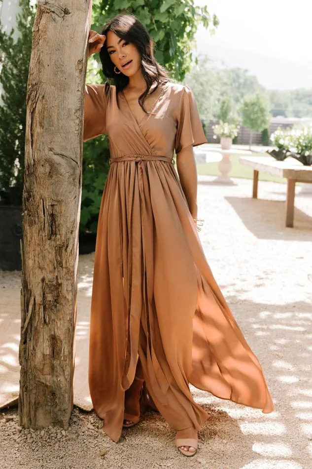 Women Sicily Satin Maxi Dress Mocha Baltic Born Bump Friendly