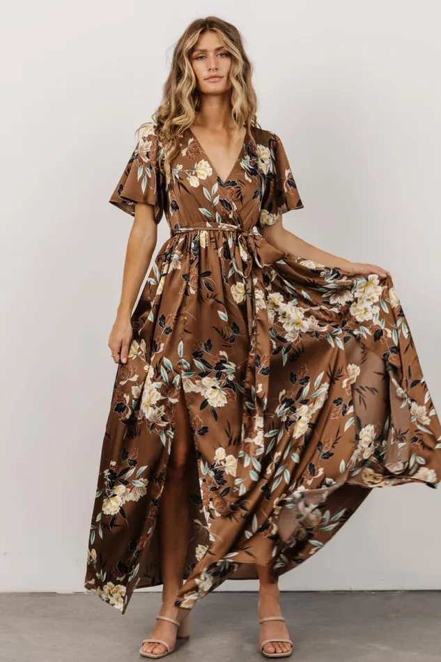 Women Sicily Satin Maxi Dress Mocha Floral Baltic Born Bump Friendly