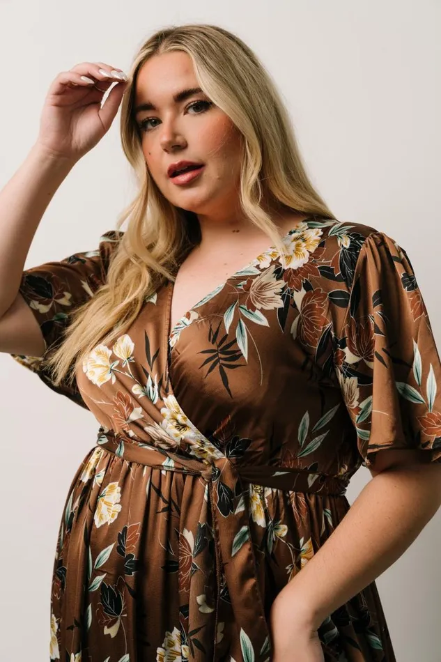 Women Sicily Satin Maxi Dress Mocha Floral Baltic Born Bump Friendly