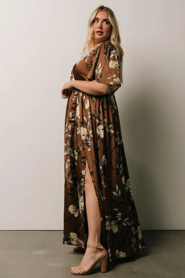 Women Sicily Satin Maxi Dress Mocha Floral Baltic Born Bump Friendly