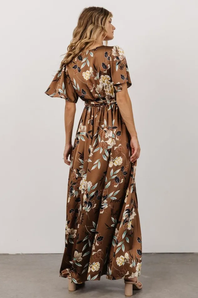 Women Sicily Satin Maxi Dress Mocha Floral Baltic Born Bump Friendly