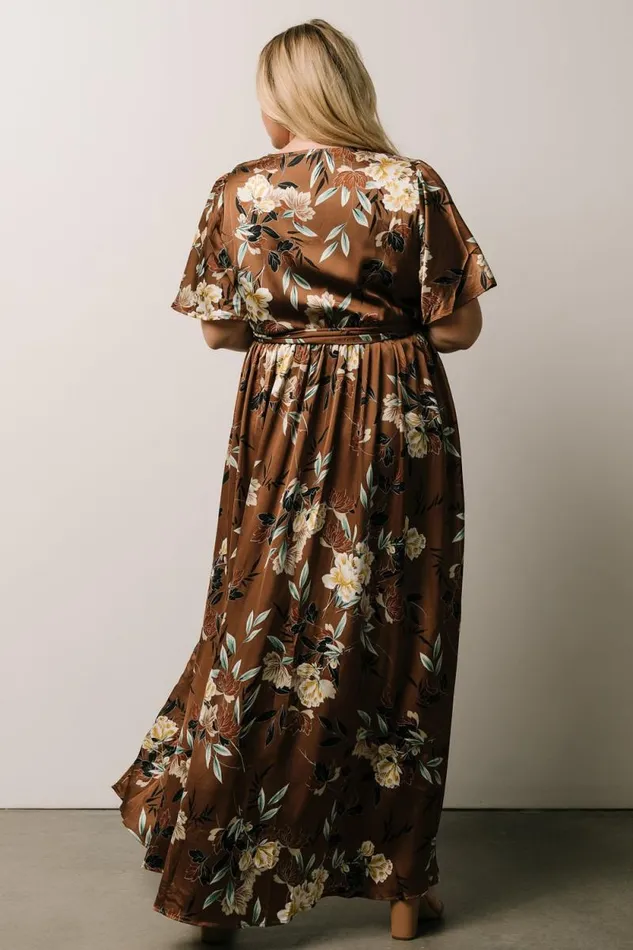 Women Sicily Satin Maxi Dress Mocha Floral Baltic Born Bump Friendly