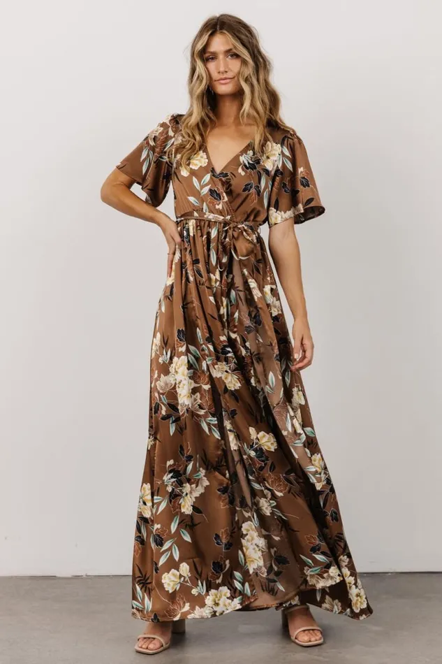 Women Sicily Satin Maxi Dress Mocha Floral Baltic Born Bump Friendly