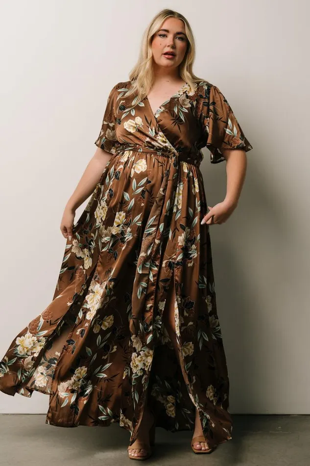 Women Sicily Satin Maxi Dress Mocha Floral Baltic Born Bump Friendly
