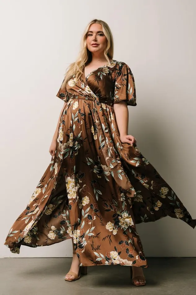 Women Sicily Satin Maxi Dress Mocha Floral Baltic Born Bump Friendly