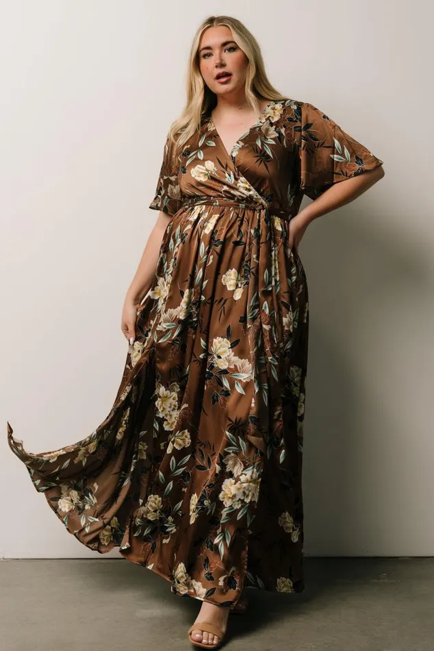 Women Sicily Satin Maxi Dress Mocha Floral Baltic Born Bump Friendly