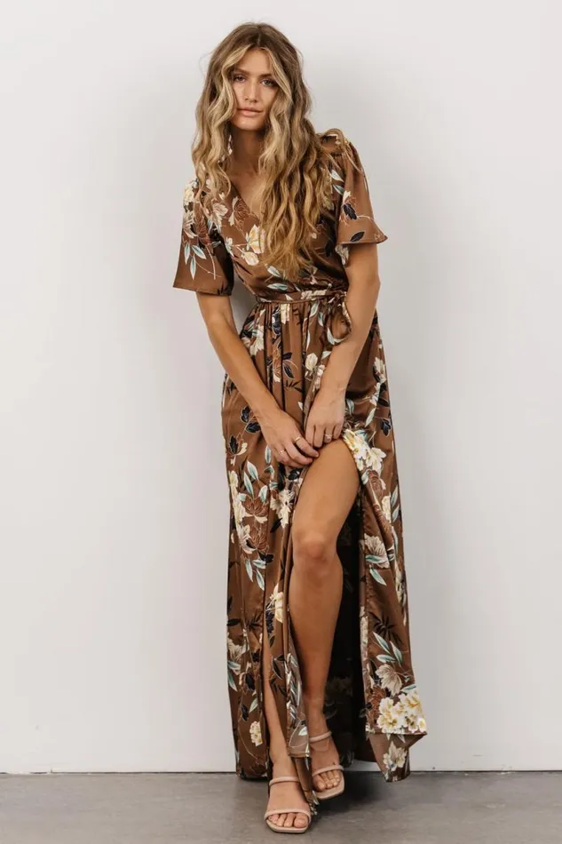 Women Sicily Satin Maxi Dress Mocha Floral Baltic Born Bump Friendly