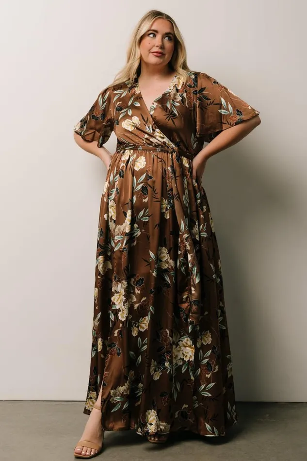 Women Sicily Satin Maxi Dress Mocha Floral Baltic Born Bump Friendly