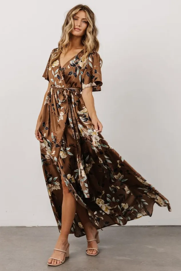 Women Sicily Satin Maxi Dress Mocha Floral Baltic Born Bump Friendly